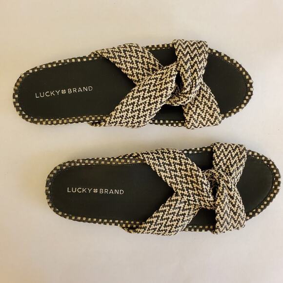Lucky Brand Sandals Size 10 Fynna Woven Slide Leather Black White Boho - Picture 6 of 13